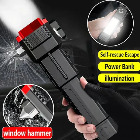 High-Power LED Torch Light - Rechargeable Flashlight with Tactical Hammer, Power Bank, and Storage Box 🌟🔦