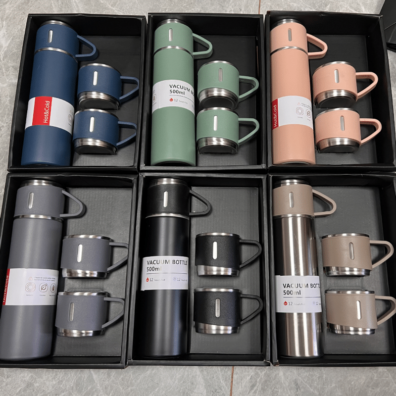 500ML Stainless Steel Flask Gift Set – Water bottle Insulated Thermos with 3 Cups, Perfect for Office & Outdoors